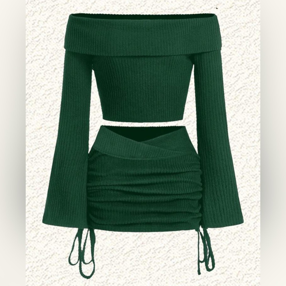 SHEIN EZwear Women's Casual Ribbed Off Shoulder Knit Top & Skirt